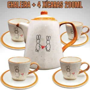 Kit Chaleira Coração de Páscoa Grande com 4 Xícaras de Coelhos de Páscoa de Cerâmica - Cerâmica Boldrin