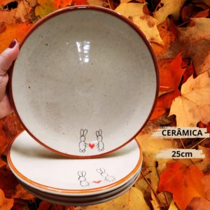 Prato de Jantar Refeição em Cerâmica Coelho Páscoa Pintado a Mão - Cerâmica Boldrin