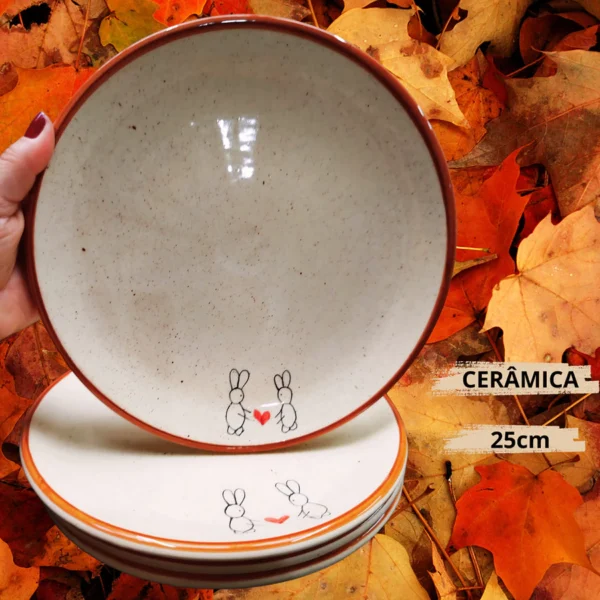 Prato de Jantar Refeição em Cerâmica Coelho Páscoa Pintado a Mão - Cerâmica Boldrin