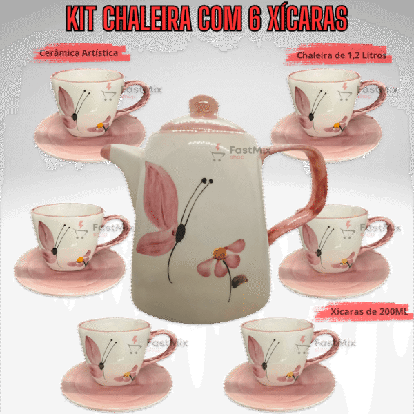 Jogo de 6 Xícaras de 200ml com Pires + 1 Chaleira BORBOLETA - Imagem 4