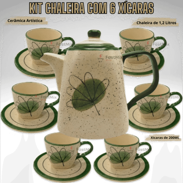 Jogo de 6 Xícaras de 200ml com Pires + 1 Chaleira VERDE - Imagem 2