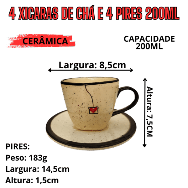 Jogo com 4 Xícaras de 200ml + 1 Chaleira PRETO CORAÇÃO - Imagem 2