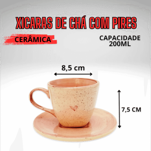 Jogo com 6 Xícaras de 200ml com Pires + 1 Chaleira ROSA CORAÇÃO - Imagem 2