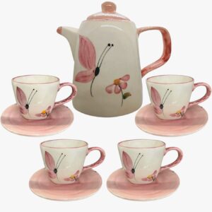 Kit Chaleira Grande da Natureza com Xícaras e Pires de Cerâmica pintados à Mão