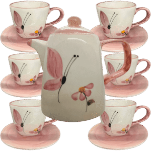 Jogo de 6 Xícaras de 200ml com Pires + 1 Chaleira BORBOLETA