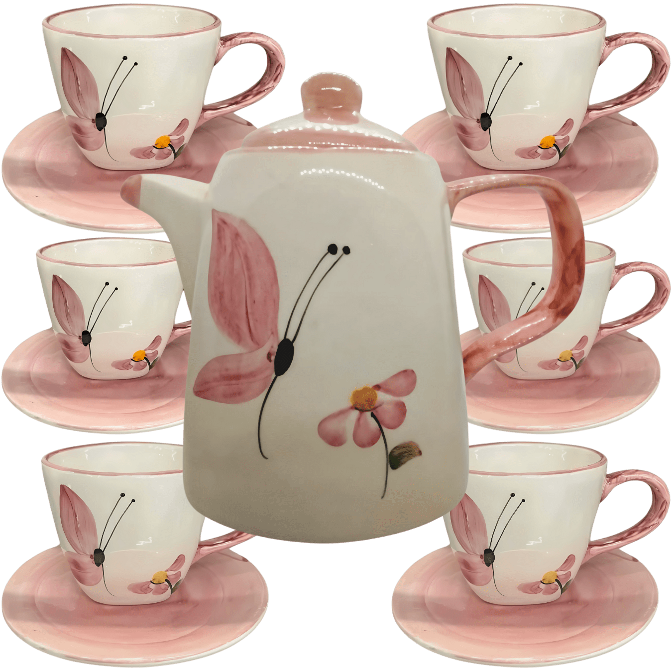 Jogo de 6 Xícaras de 200ml com Pires + 1 Chaleira BORBOLETA