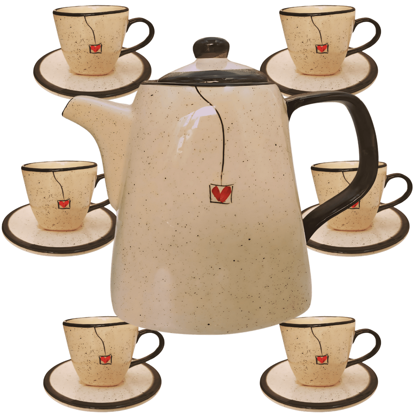 Jogo de 6 Xícaras de 200ml com Pires + 1 Chaleira PRETO CORAÇÃO