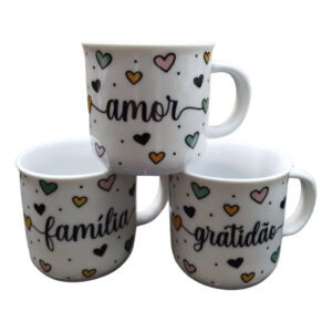 Kit 3 Xícaras De Porcelana 180ml Amor Família E Gratidão