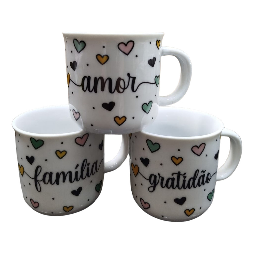 Kit 3 Xícaras De Porcelana 180ml Amor Família E Gratidão