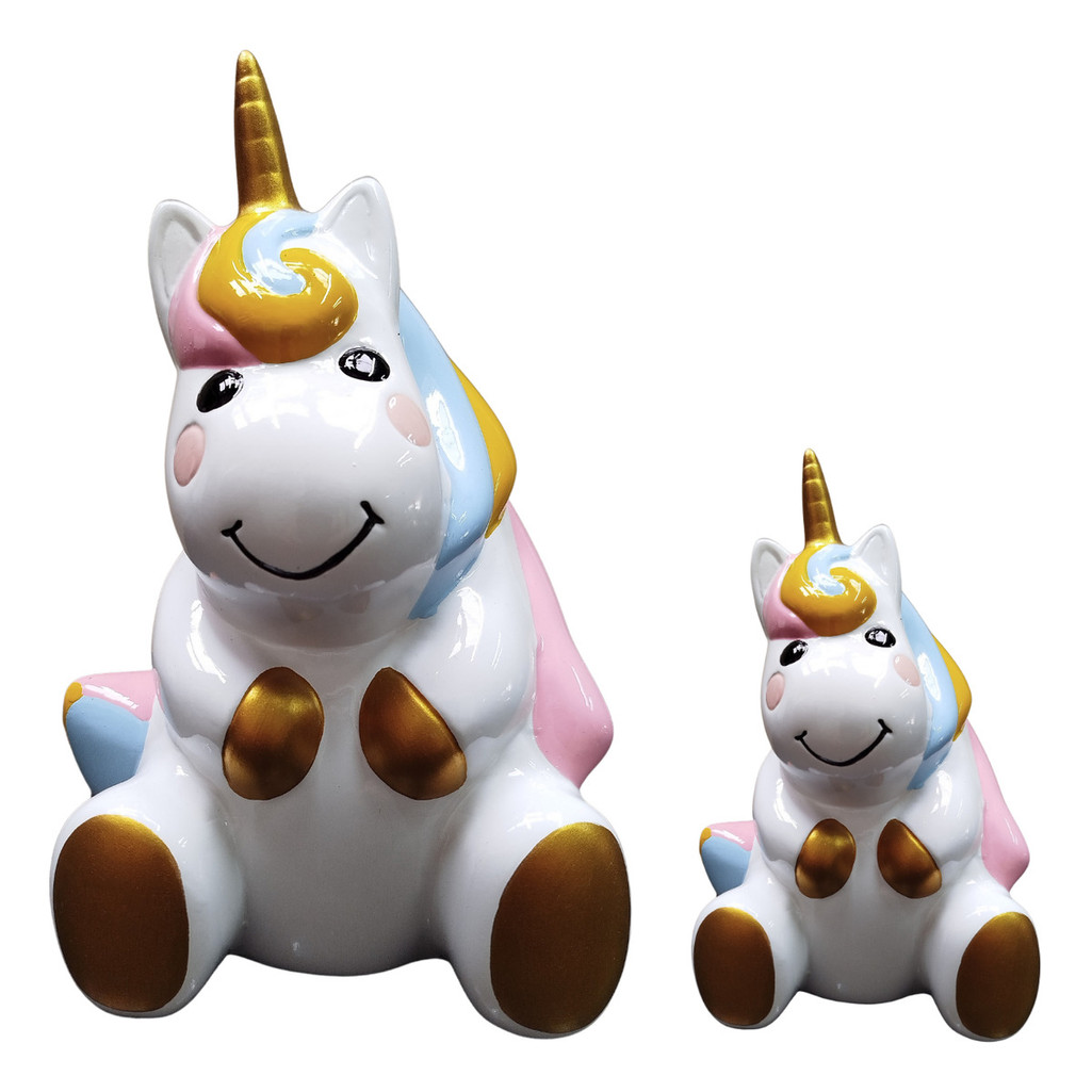 Conjunto com 2 Unicórnios Em Cerâmica Decoração Artigo para Festa Quarto Cenário Infantil