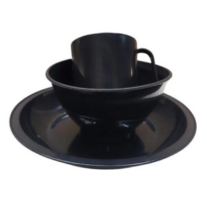 Kit 15 peças Plástico Preto 5 Prato 5 Caneca e 5 Cumbuca Pote