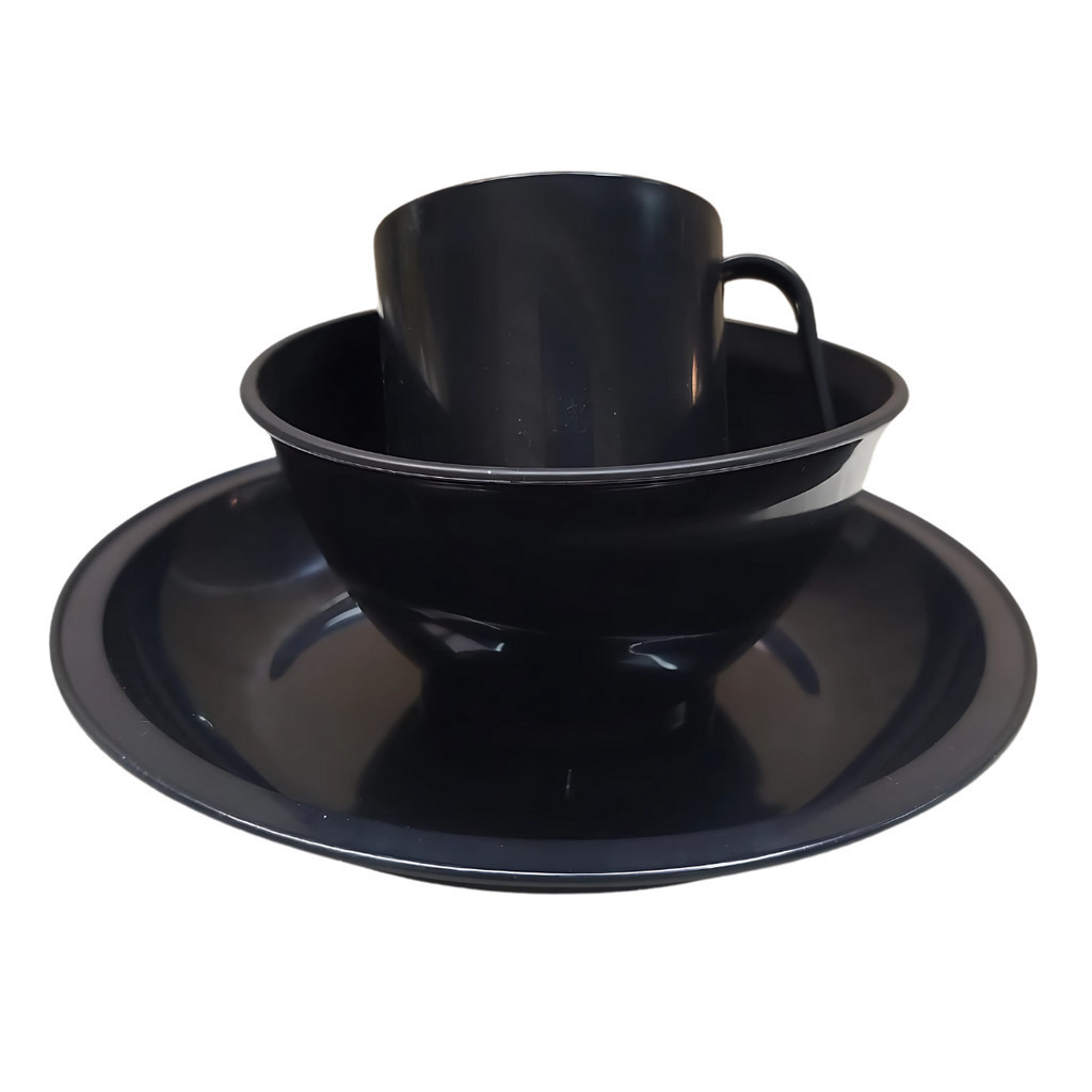 Kit 15 peças Plástico Preto 5 Prato 5 Caneca e 5 Cumbuca Pote