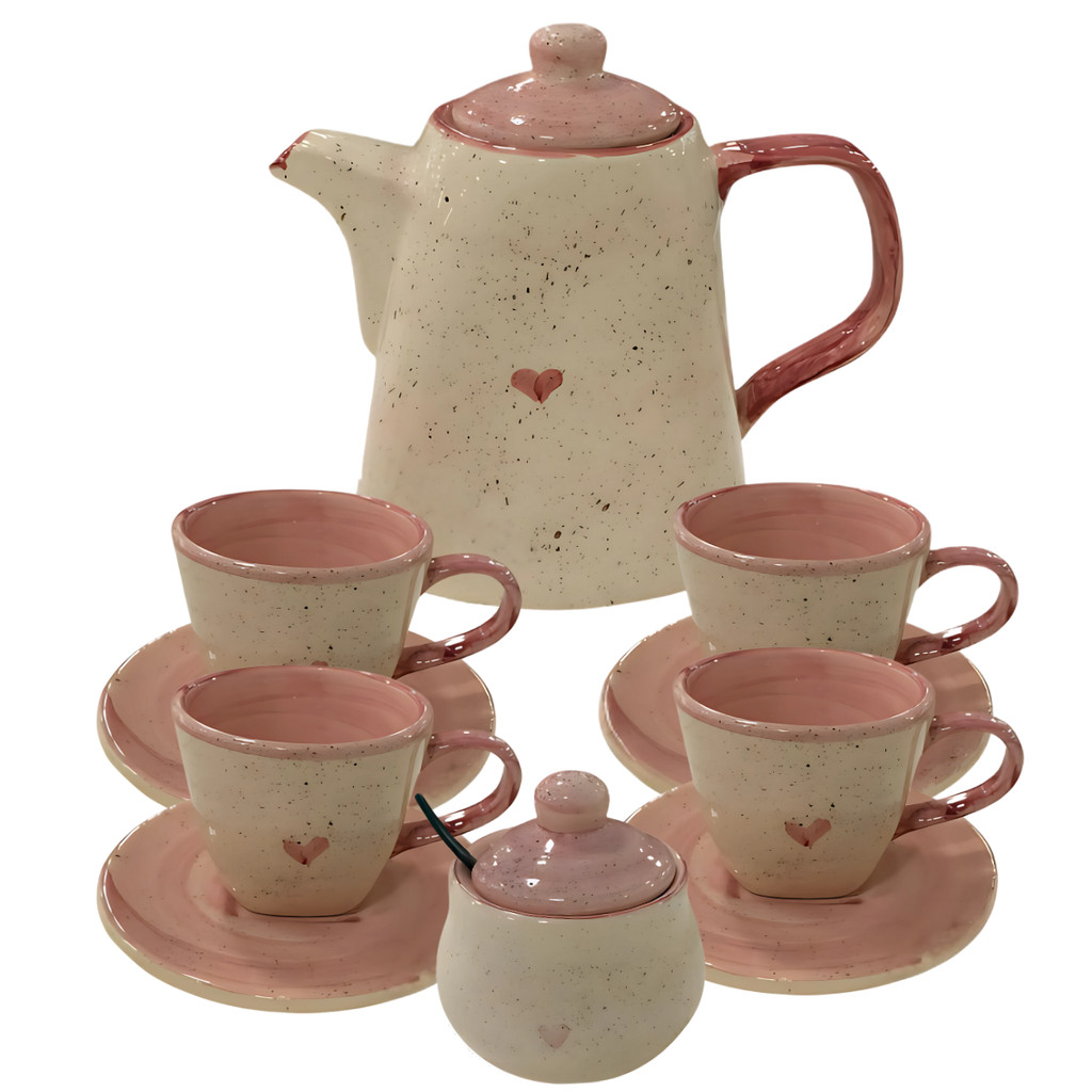 Chaleira Açucareiro 4 Xícaras Com Pires Para Servir Chá Rosa Coração Cerâmica