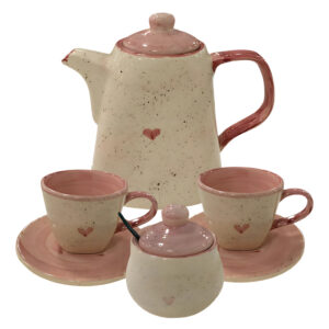 Conjunto de Chá Com Chaleira Açucareiro 2 Xícaras e Pires Pintados á Mão Rosa Coração