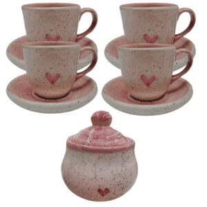 4 Xícaras De Café 60ml Com Pires E Açucareiro Cerâmica Rosa