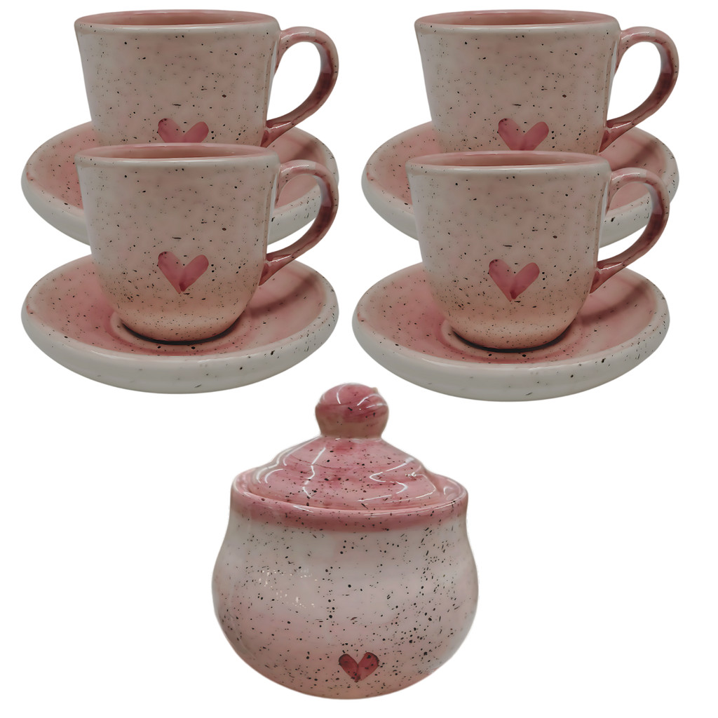 4 Xícaras De Café 60ml Com Pires E Açucareiro Cerâmica Rosa