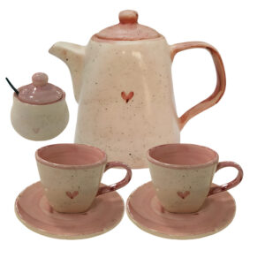Kit de Chá Com Chaleira Açucareiro 2 Xícaras e Pires Pintados á Mão Rosa Coração Cerâmica
