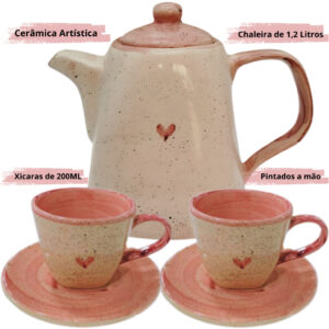 Jogo de Chá 1 Chaleira com 2 Xícaras Canecas 200ml Jogo de xicaras para cafe com Pires em ceramica