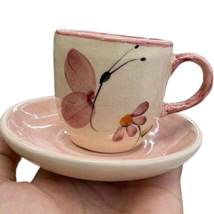 Kit com 4 peças 2 Xícaras para café 100ml e 2 Pires em Cerâmica Xicara de Louça Pintado a Mão