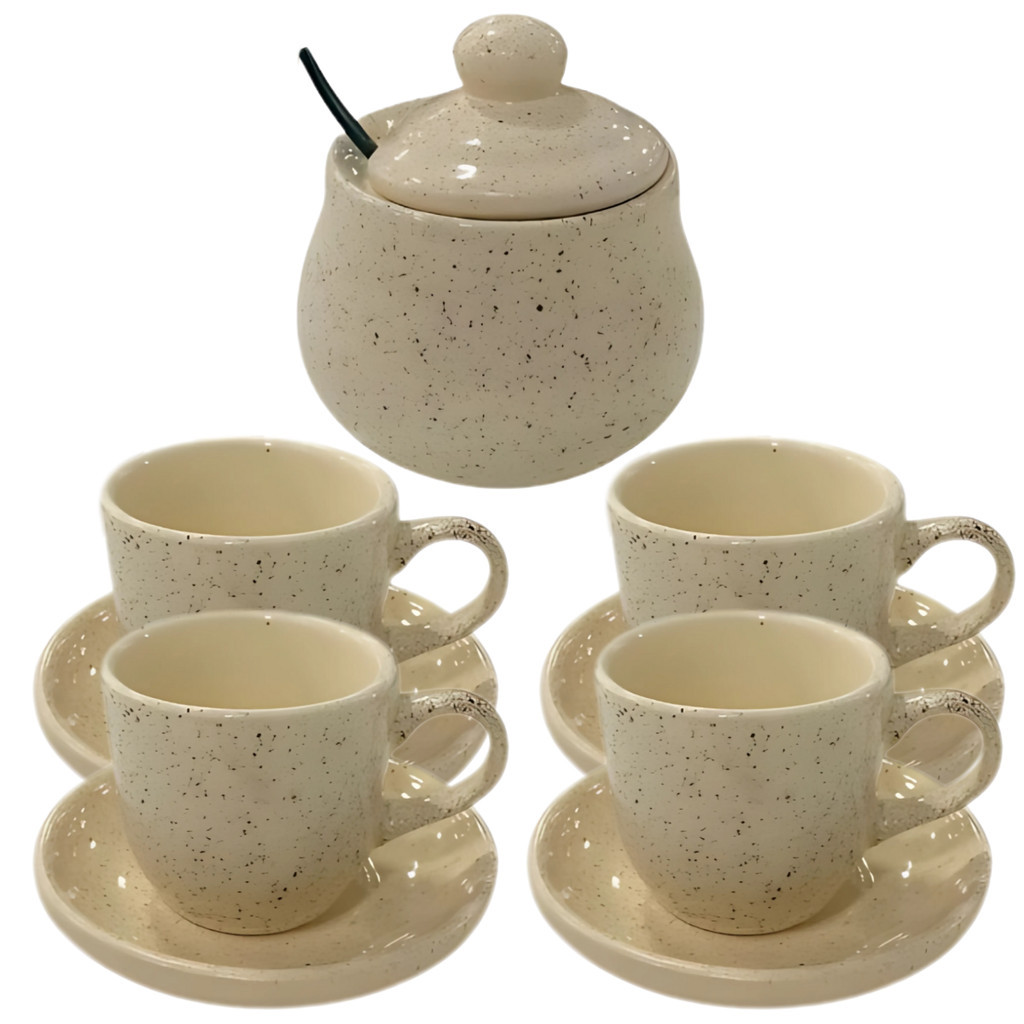 Kit 4 Xícaras De Café 60ml E Açucareiro Cerâmica Chapiscado Pintada à mão