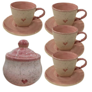 Kit Xícaras De Chá 4 Unidades Com Pires 200ml E Açucareiro Rosa Coração Cerâmica
