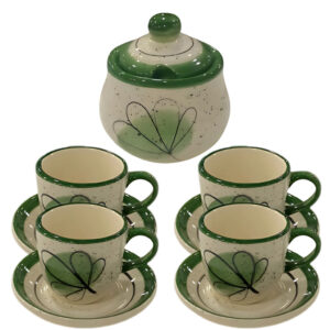 Kit 4 Xícaras De Café 60ml Com Pires E Açucareiro Cerâmica Verde Pintada à mão