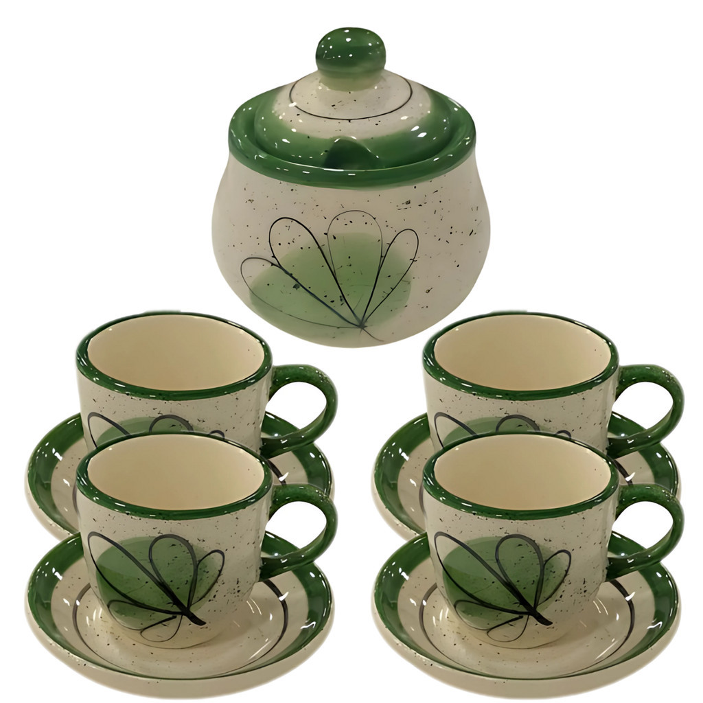 Kit 4 Xícaras De Café 60ml Com Pires E Açucareiro Cerâmica Verde Pintada à mão