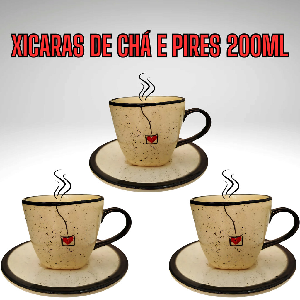 Xícaras de Café ou Chá de 200ml com Pires Cerâmica Pintadas a Mão Diversos Modelos