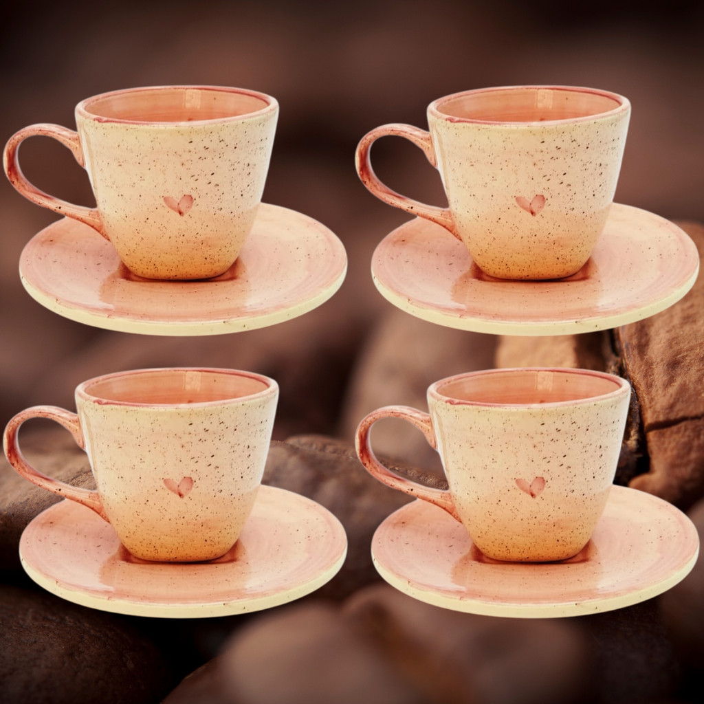 Kit 4 Xícaras de Café ou Chá com Pires em Cerâmica Louça Pintado a Mão 200ML