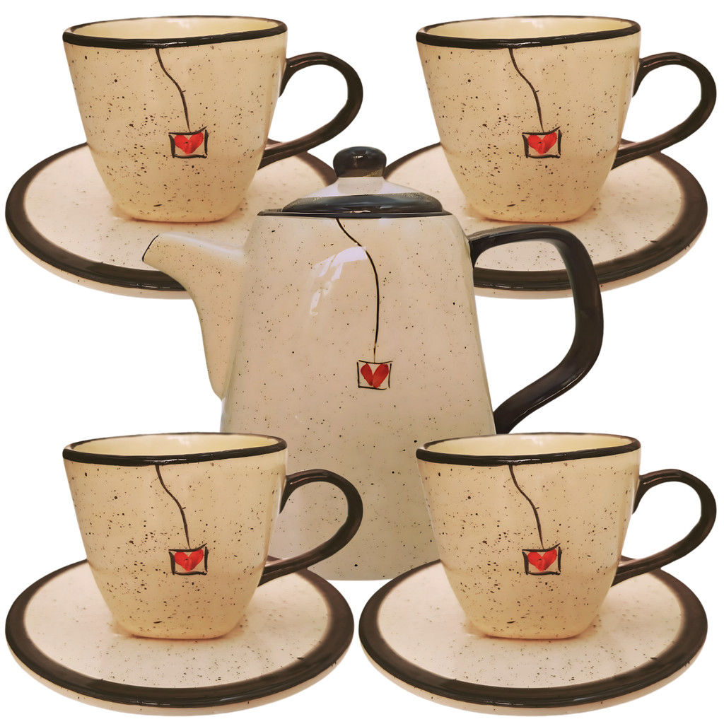 Jogo de chá com 4 Xícaras para café 200ml + 1 Chaleira de 1,2L cerâmica louça pintados a mão