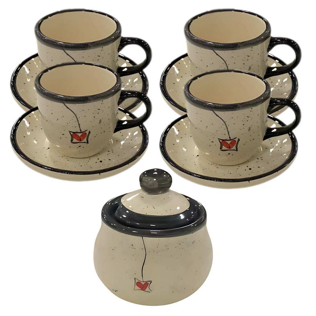 Kit 4 Xícaras De Café 60ml Com Pires E Açucareiro Cerâmica Preto Pintada à mão