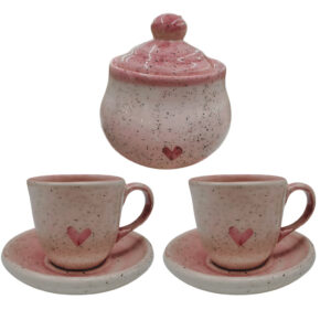 Kit 2 Xícaras De Café 60ml Com Pires E Açucareiro Cerâmica Rosa Pintada à mão
