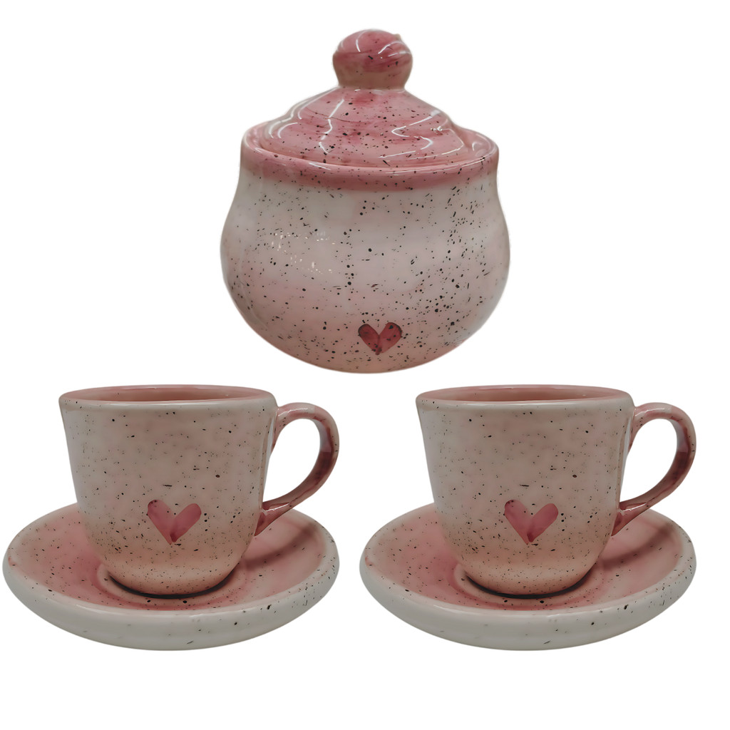 Kit 2 Xícaras De Café 60ml Com Pires E Açucareiro Cerâmica Rosa Pintada à mão