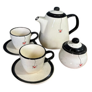 Kit de Chá Com Chaleira Açucareiro 2 Xícaras e Pires Pintados á Mão Preto Cerâmica