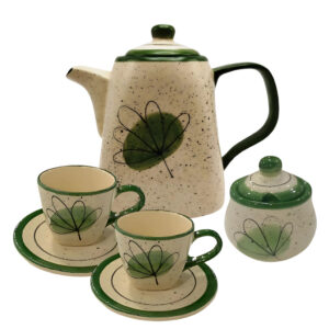 Kit de Chá Com Chaleira Açucareiro 2 Xícaras e Pires Pintados á Mão Verde Cerâmica