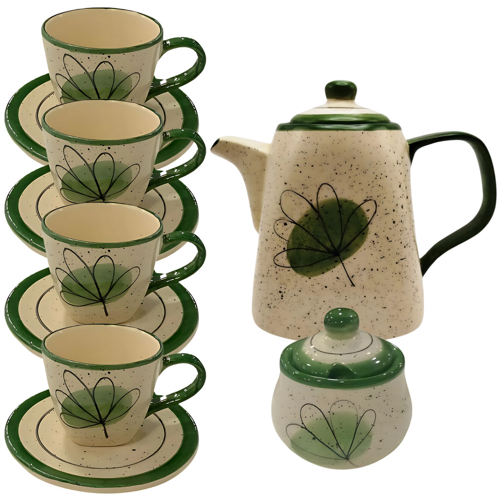 Jogo de Chá Chaleira Açucareiro 4 Xícaras Com Pires Para Servir Chá Verde Cerâmica