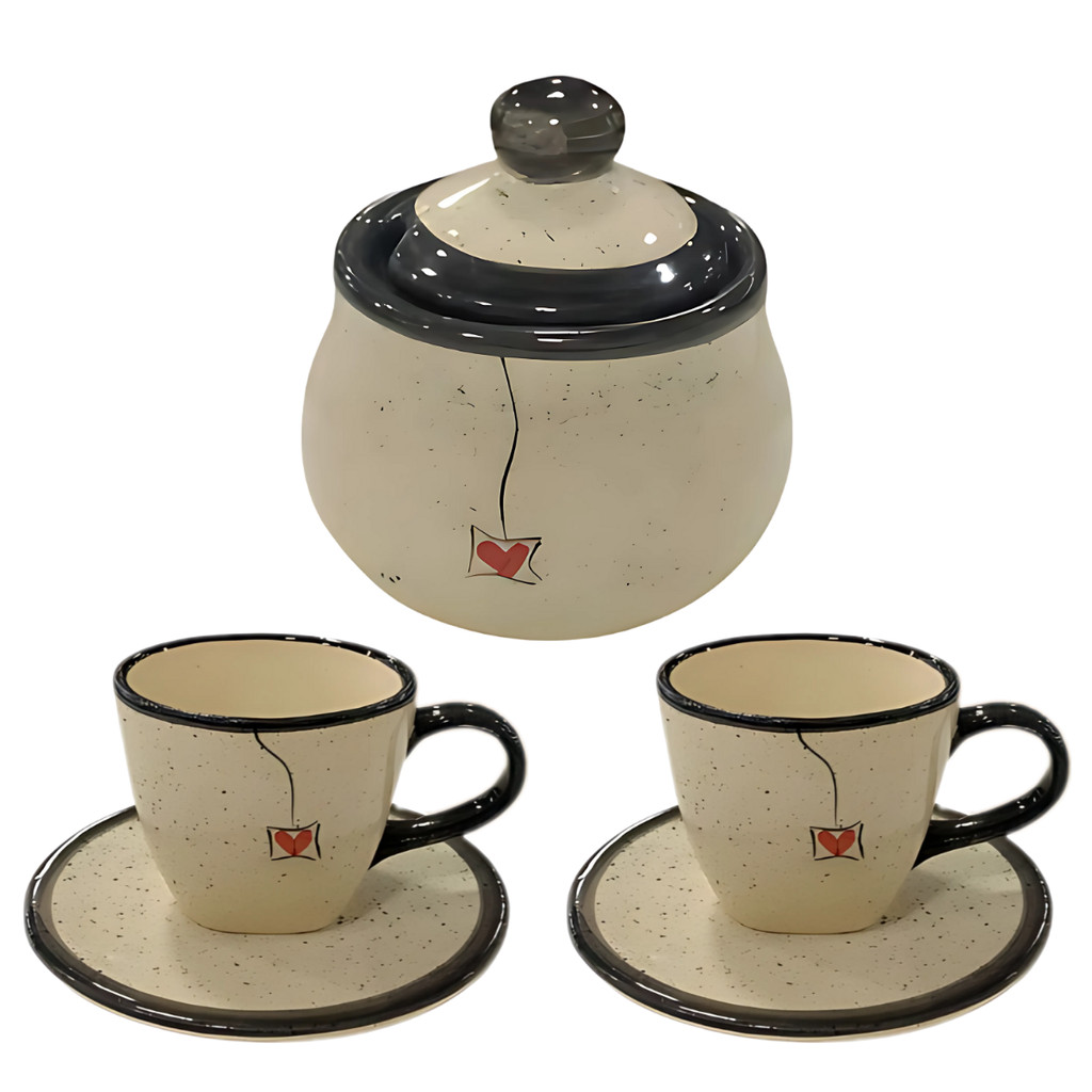 Xícaras De Chá 2 Unidades Com Pires 200ml E Açucareiro Preto pintados a mão em cerâmica