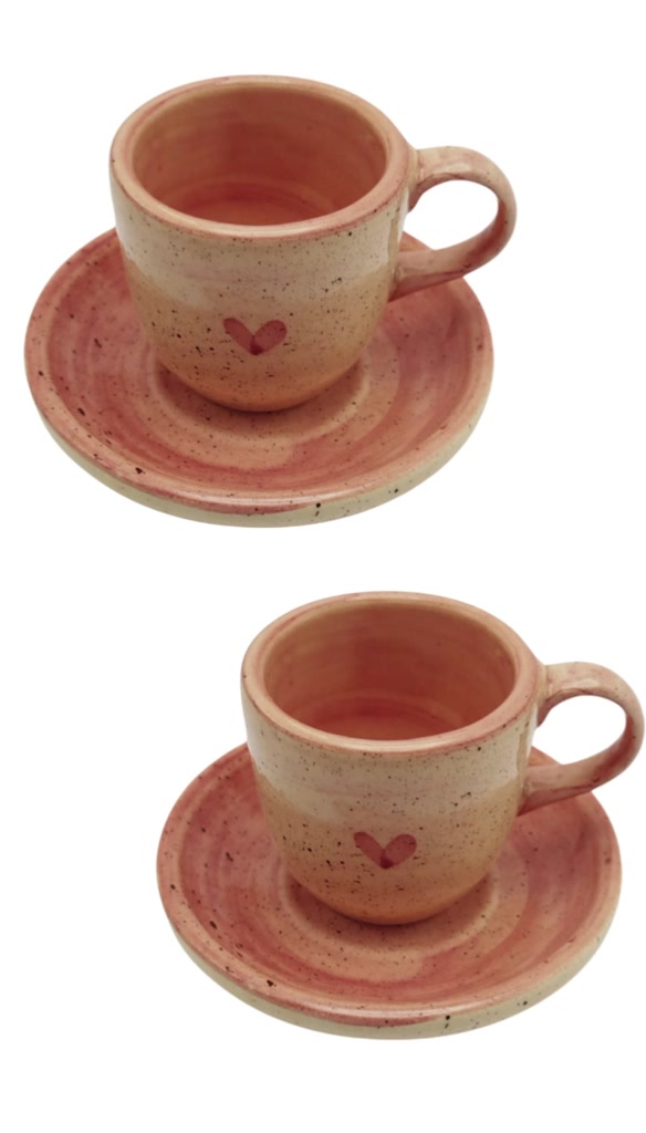 Jogo de Xicaras para Café sedo 2 xícaras e 2 pires em Cerâmica 4 peças Pintado a Mão 75ml