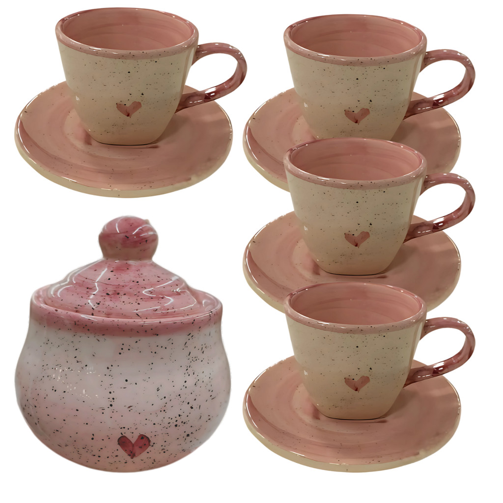 Xícaras De Chá 4 Unidades Com Pires 200ml E Açucareiro Rosa Coração pintados a mão em cerâmica