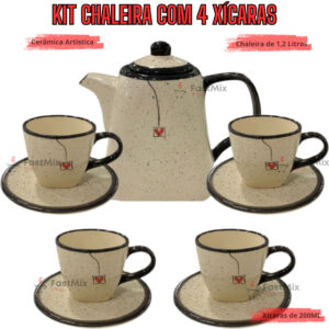 Cantinho do Café 4 Xicaras 200ml + 1 Chaleira 1,2L em cerâmica Jogo de xicaras para cafe com pires