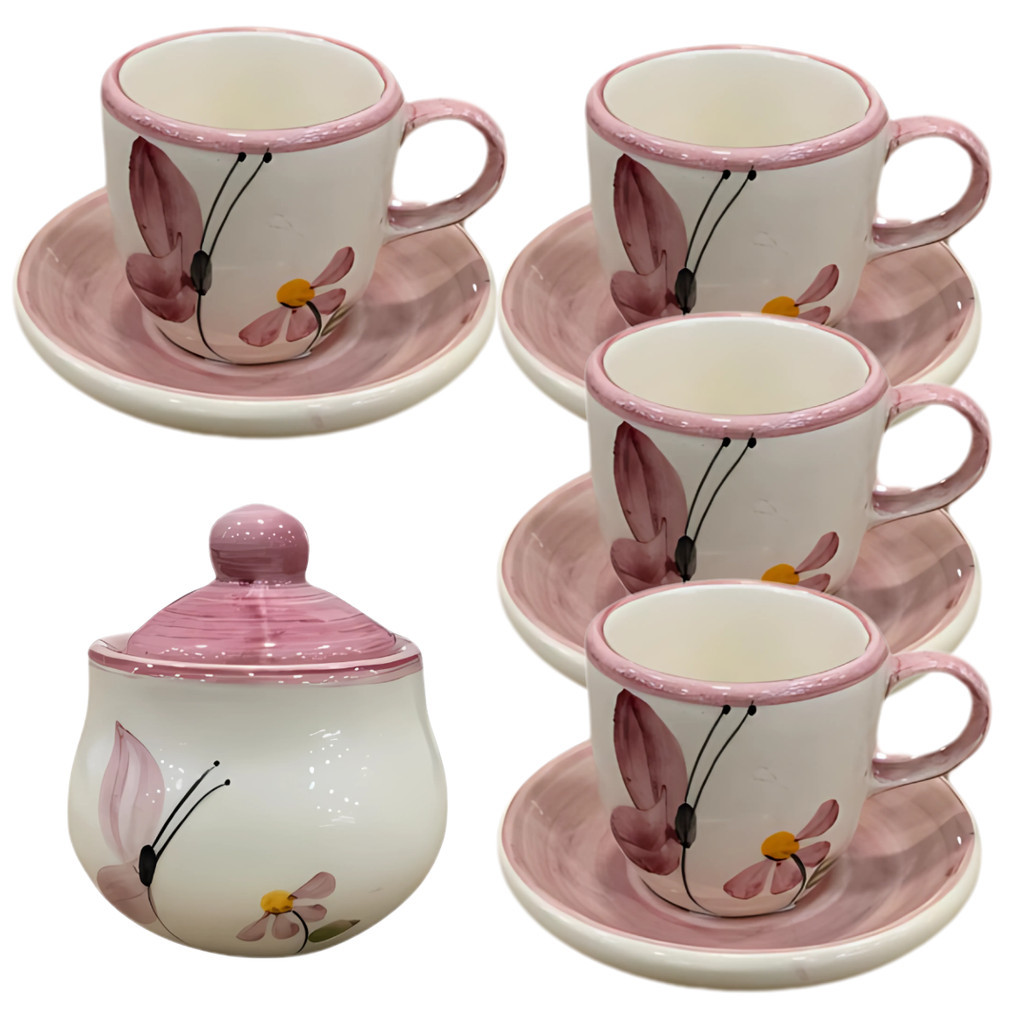 4 Xícaras De Café 60ml E Açucareiro Cerâmica Borboleta