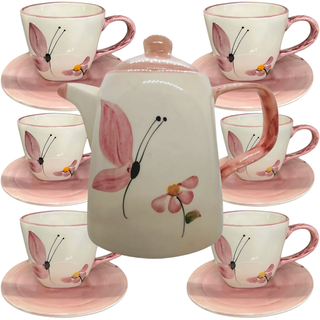 Lindo Kit Chá 1 Chaleira + 6 Xícaras Canecas 200ml Jogo de xicaras para cafe com Pires em ceramica