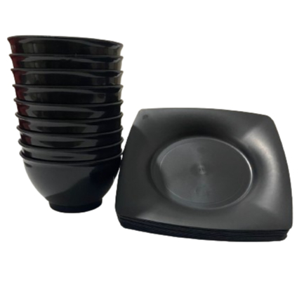 Kit 5 Cumbucas e 5 Pratos Quadrados de plástico reutilizável Preta Vermelha ou Rosa Festa Eventos