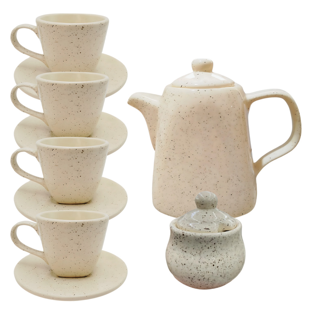 Chaleira Açucareiro 4 Xícaras Com Pires Para Servir Chá Chapiscado Cerâmica