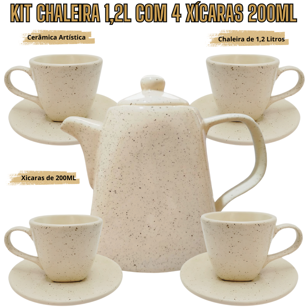 Kit 1 Chaleira de 1,2 Litros + 4 Xícaras de 200ml em Cerâmica Jogo de Chá Jogo de Café
