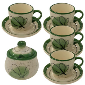 4 Xícaras De Café 60ml Com Pires E Açucareiro Cerâmica Verde