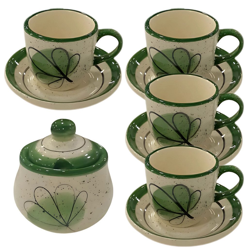 4 Xícaras De Café 60ml Com Pires E Açucareiro Cerâmica Verde
