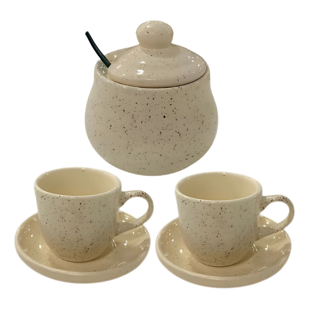 2 Xícaras De Café 60ml E Açucareiro Cerâmica Chapiscado