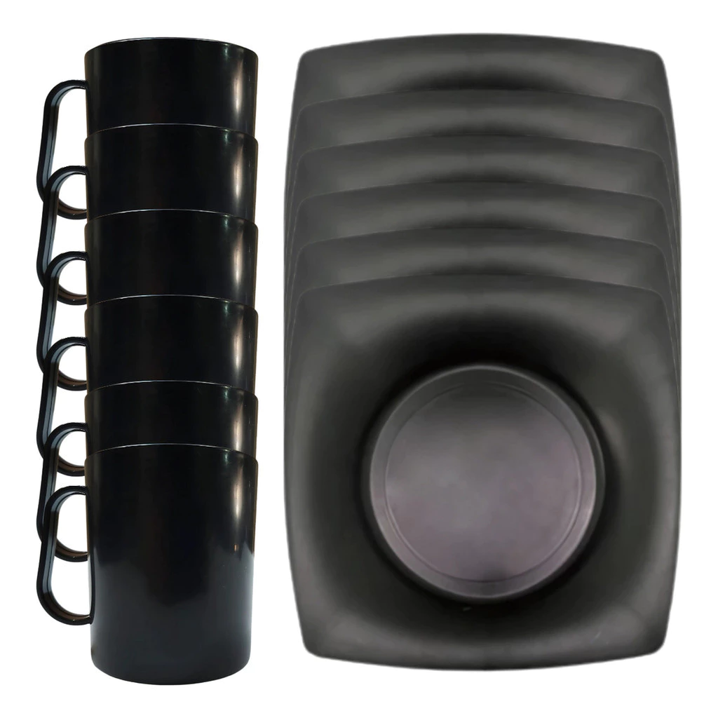 Kit 10 Pratos Quadrado E 10 Caneca 450ml Preto - Prato de Jantar + Caneca Escolar