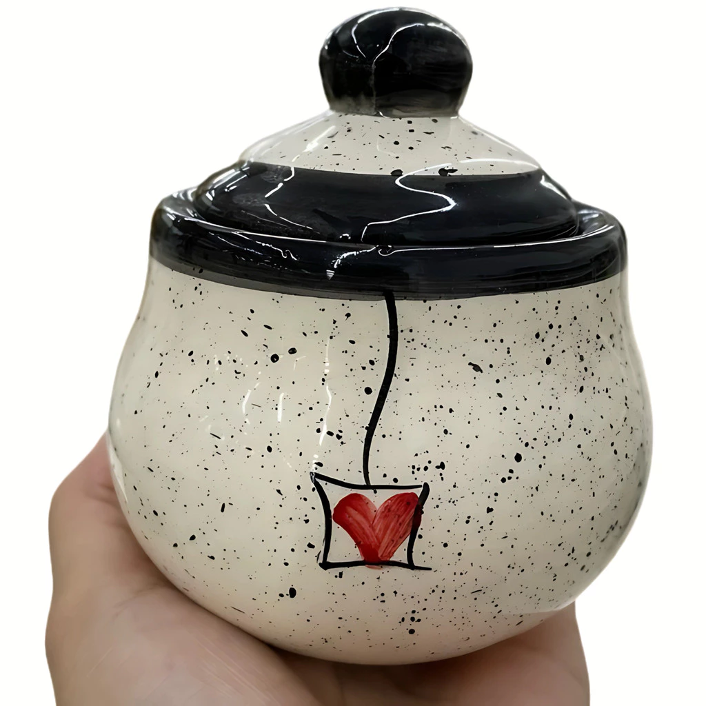 Açucareiro Redondo Pintado á Mão de Cerâmica - Preto Coração